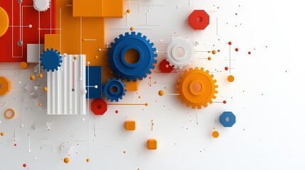 Obraz premium Abstract geometric composition with colorful gears and blocks on white background. design features blue, orange, and white elements, creating dynamic and modern industrial feel