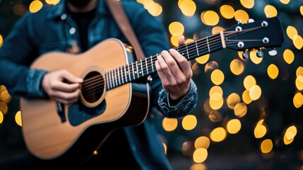 Obraz premium Musician playing acoustic guitar amidst bokeh lights