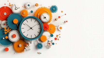 collection of colorful gears and clock on white background symbolizes concept of time and mechanics. arrangement of orange, blue, and white gears creates dynamic and intricate design