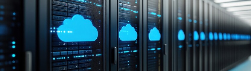 A modern data center showcasing rows of servers with cloud icons, symbolizing cloud computing and digital infrastructure.