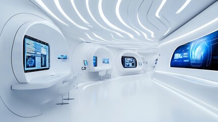 a hightech AI research lab, glowing holographic screens, sleek futuristic design, isolated on white background