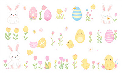 cute Easter motifs including fluffy bunnies colorful Easter eggs tiny chicks and spring flowers