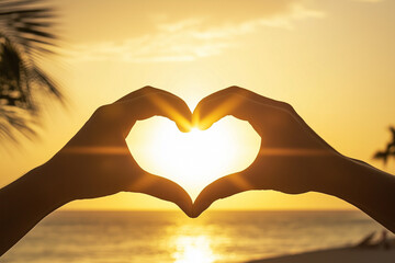 Fototapeta premium Hands forming a heart around a sunset over a tropical beach