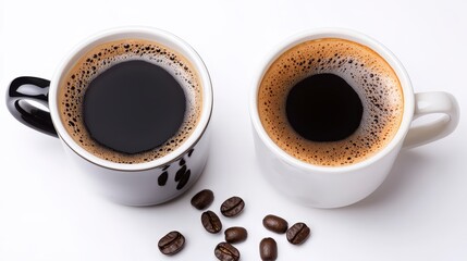 Fototapeta premium Two Coffee Cups with Black Beverage and Roasted Beans on White Background