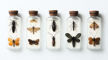 a vintage biology study, preserved insects in labeled glass cases, scientific realism, isolated on white background