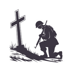 A Moment of Remembrance Soldier Kneeling in Prayer silhouettes. American Independence or Memorial day Vector Clipart Illustration background.