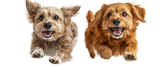 Joyful Canine Duo: Two adorable small dogs, one light tan and one reddish-brown, bound towards the camera with open mouths and excited expressions.