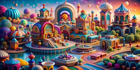 Fototapeta premium Miniature World: Bold Colored Drawing Art on Textured Patterned Background