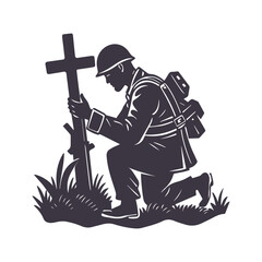 A Moment of Remembrance Soldier Kneeling in Prayer silhouettes. American Independence or Memorial day Vector Clipart Illustration background.