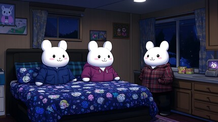 Three Rabbit Characters Sitting on a Bed in a Cozy Room Filled with Furniture and a Nighttime Ambiance