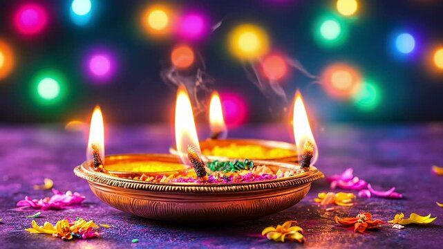 Vibrant karva chauth festival with colorful diyas and lights - celebration of indian tradition and rituals