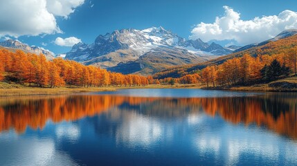 Fototapeta premium Serene autumn landscape with vibrant orange trees reflecting on a calm lake beneath majestic mountains