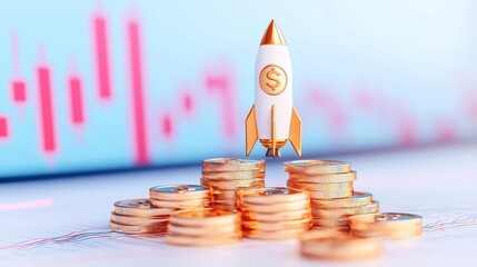 Golden Coins with Stock Market Chart and Startup Rocket, symbolizing financial growth and investment opportunities, set against a minimalist background for clarity and focus.