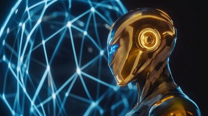 Golden robot profile, digital globe background, AI concept, futuristic tech