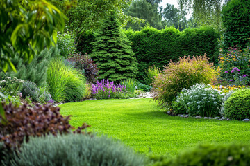 Obraz premium Luxury landscape design of house backyard in summer generative ai