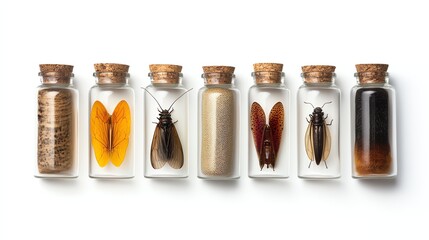 a vintage biology study, preserved insects in labeled glass cases, scientific realism, isolated on white background