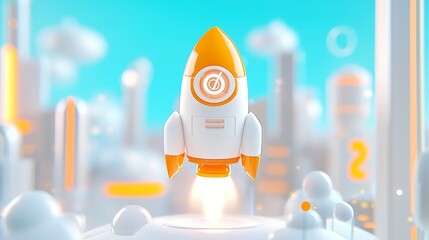 Infographic depicting a rocket liftoff with percentage growth indicators, minimalist background, clean design, emphasizing clarity and visual impact in a spacious layout
