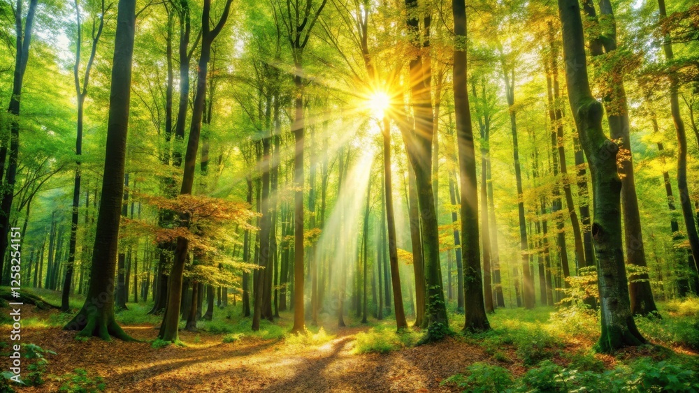 Poster sunbeams illuminate a forest path, casting a golden glow through the verdant canopy, creating a scen
