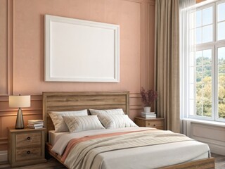 A Serene Pink Bedroom with Natural Light and Wooden Furniture