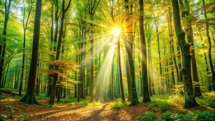 Naklejka premium Sunbeams illuminate a forest path, casting a golden glow through the verdant canopy, creating a scene of tranquility and natural beauty.