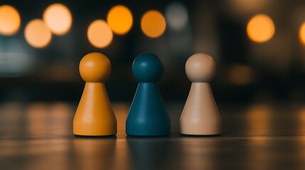 Three Wood Game Pawns on Reflective Surface Representing Collaboration and Strategy on Table