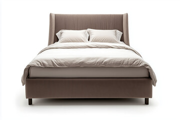 Comfy bed with pillow in bedroom isolated on white background, Luxury minimal bed with mattress and blanket on white background.