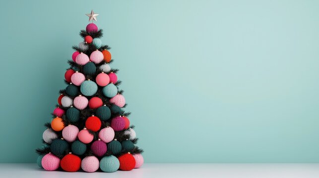 Christmas tree made of colorful knitted balls with star on top stands against light blue background, creating festive and cozy atmosphere