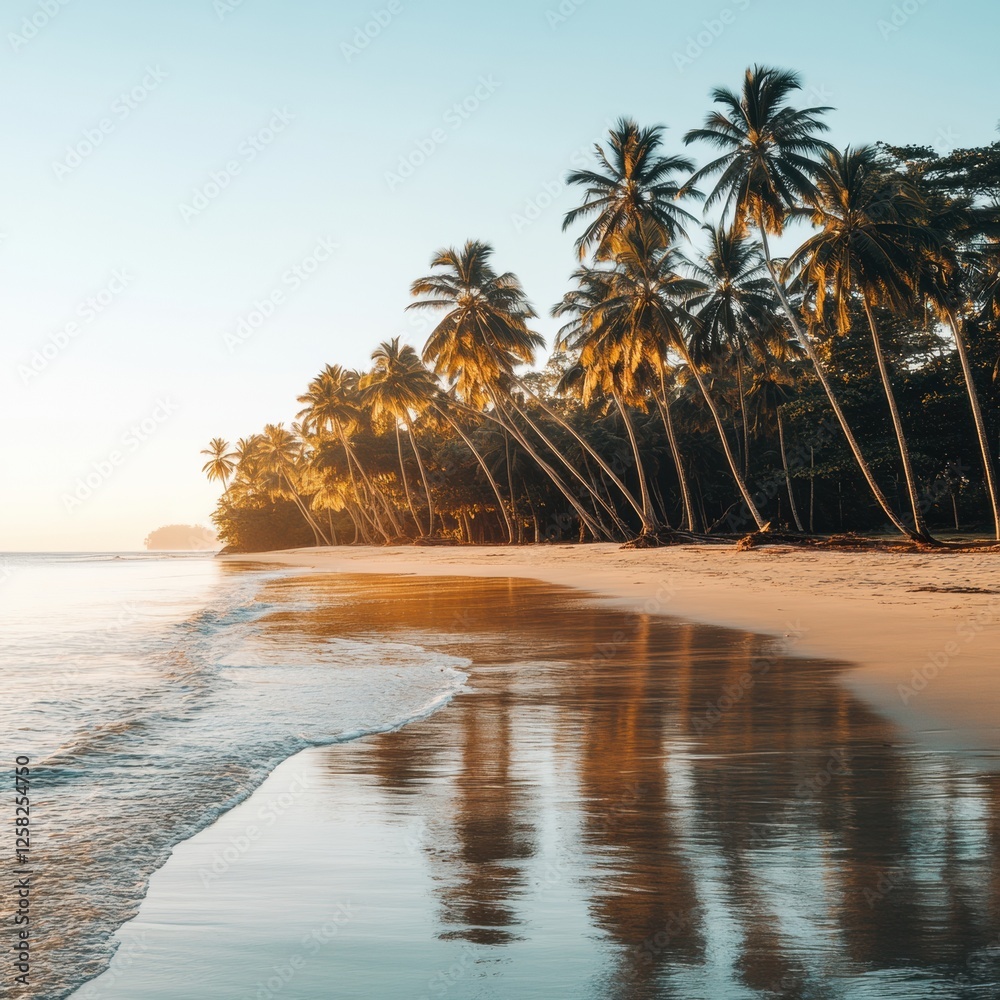 Poster sunrise illuminates a tropical beach with palm trees reflecting on calm waters in an idyllic coastal