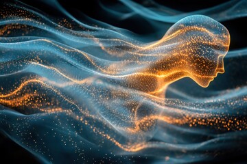 Glowing head in energy waves, dark background, AI concept art