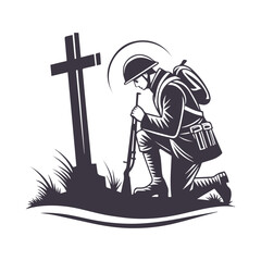 A Moment of Remembrance Soldier Kneeling in Prayer silhouettes. American Independence or Memorial day Vector Clipart Illustration background.