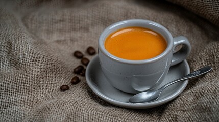 Close-Up of Warm Coffee Cup on Textured Fabric with Coffee Beans