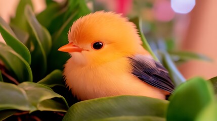 Tiny Orange Bird Amidst Vibrant Green Foliage Nature's Delicate Wonder Captivating Close Up Portrait