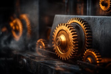 A steampunk-inspired school reunion where alumni gather in a hall filled with brass gears, steam vents, and mechanical decorations