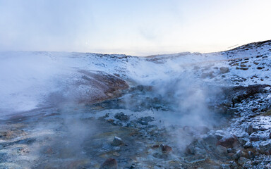 Seltún Geothermal area with hot pools and springs at Reykjanes peninsula in Iceland
