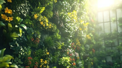 Obraz premium Sunlit Vertical Garden, Indoor Plants, Lush Greenery, Room Decor, Nature Wall