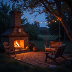 Evening scene with a brick fireplace, string lights, and a wooden swing creating a warm and inviting atmosphere suitable for romantic and cozy themed designs