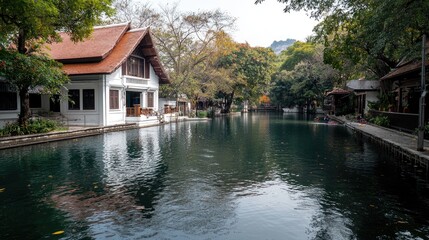 Obraz premium Canal with traditional Thai houses, tranquil scenery, possible tourism