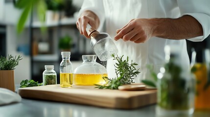 DIY scientist testing homemade ecofriendly cleaning products in a stylish, modern home setting