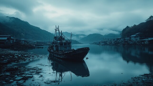 Abandoned fishing boat, tranquil bay, misty mountains, coastal village, serene mood