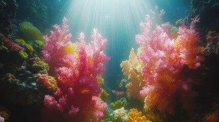 Obraz premium Vibrant coral reef flourishing under ocean sunlight, background showing diverse marine life, ideal for nature documentaries