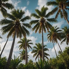 Obraz premium A tropical paradise surrounded by towering green palm trees.