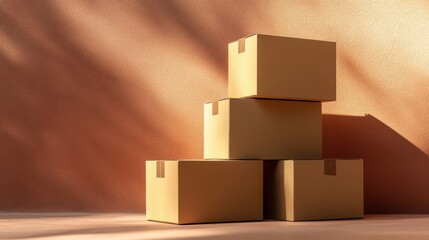 Fototapeta premium Stacked Plain Brown Cardboard Boxes Slightly Offset on a Warm Background, Ideal for Shipping, Storage, and Packing Imagery in Commercial Use