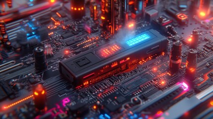 Futuristic GPU installed, glowing circuit board, cyberpunk city background, tech illustration