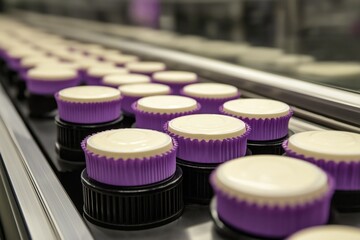 A vibrant display of cupcakes with purple wrappers moving along a conveyor belt, showcasing the joy of baking and the excitement of sweet treats.