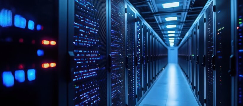 Data center servers glowing blue, aisle lit, network infrastructure