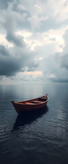 Naklejka premium Boat Floating Calmly On Lake Under Overcast Sky For Dreamy Travel Imagery