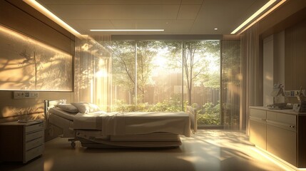 Serene hospital room sunrise view, nature backdrop, healing
