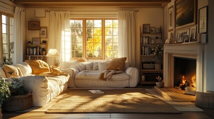 Cozy living room autumn sun morning fireplace
