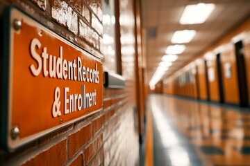 A university hallway leading to the registrar office with a signboard indicating "Student Records & Enrollment Services"