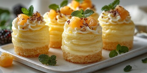 Delicious mini coconut cakes topped with whipped cream, pineapple, and mint leaves, perfect for tropical dessert experience. cakes are beautifully presented on white tray, inviting and fresh